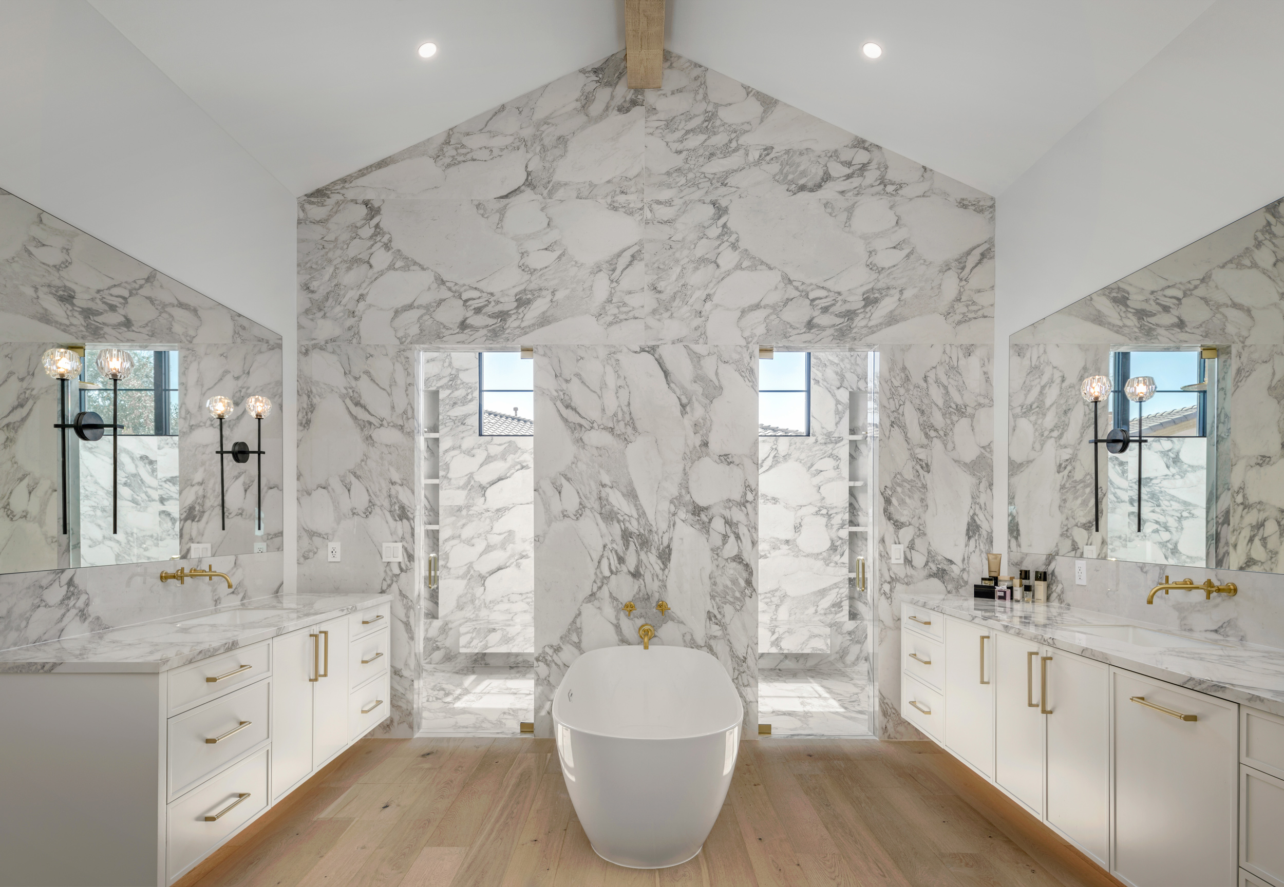Porcelain Bathroom, Walls, Backsplash, Countertops in Arabescato
