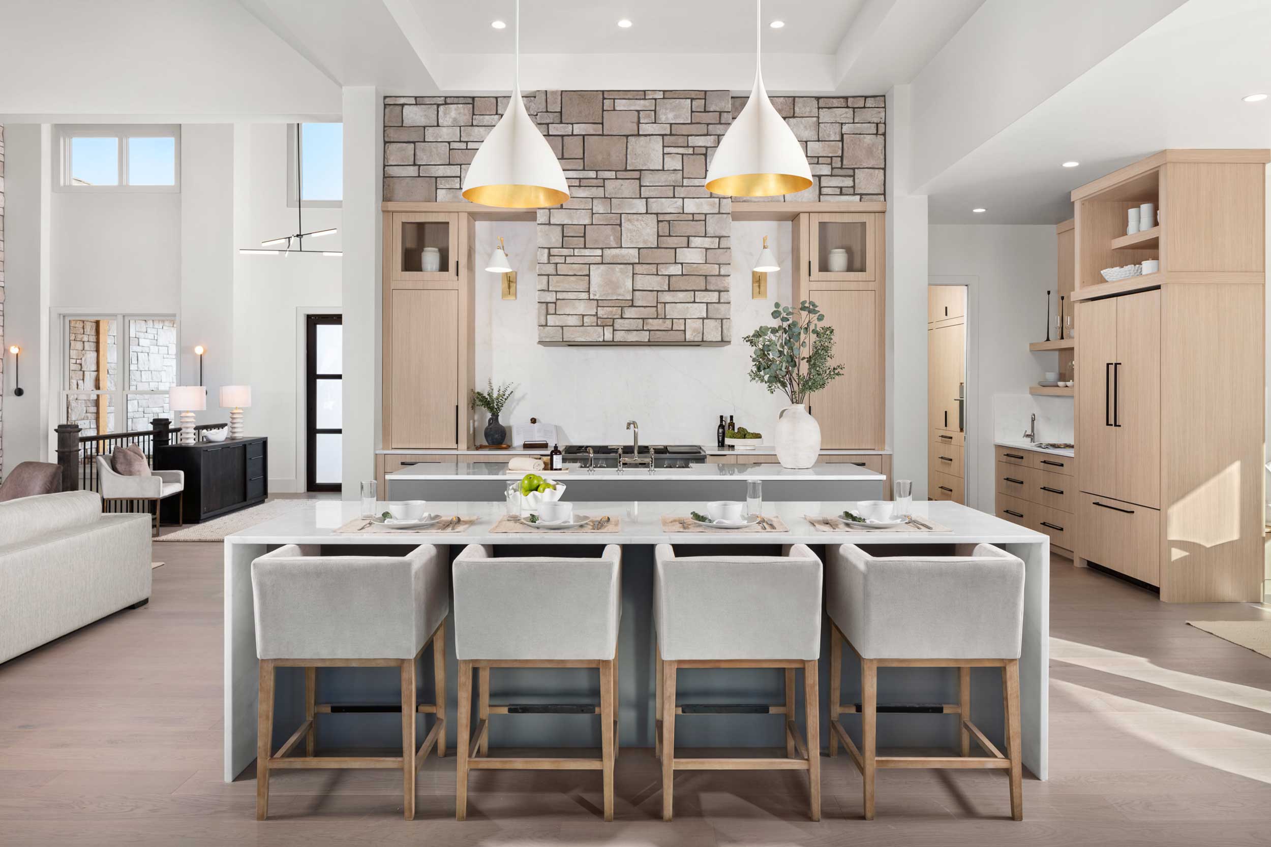 Large-format Porcelain Sintered Stone Kitchen Backsplash, Countertops and Waterfall Island
